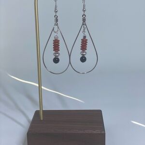 Elegant Silver Tone Black and Coral Dangle Earrings
